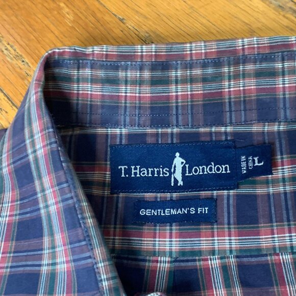 T. Harris London Gentlemans Fit Plaid Long Sleeve Button-Up Shirt L Navy/Red - Picture 4 of 5